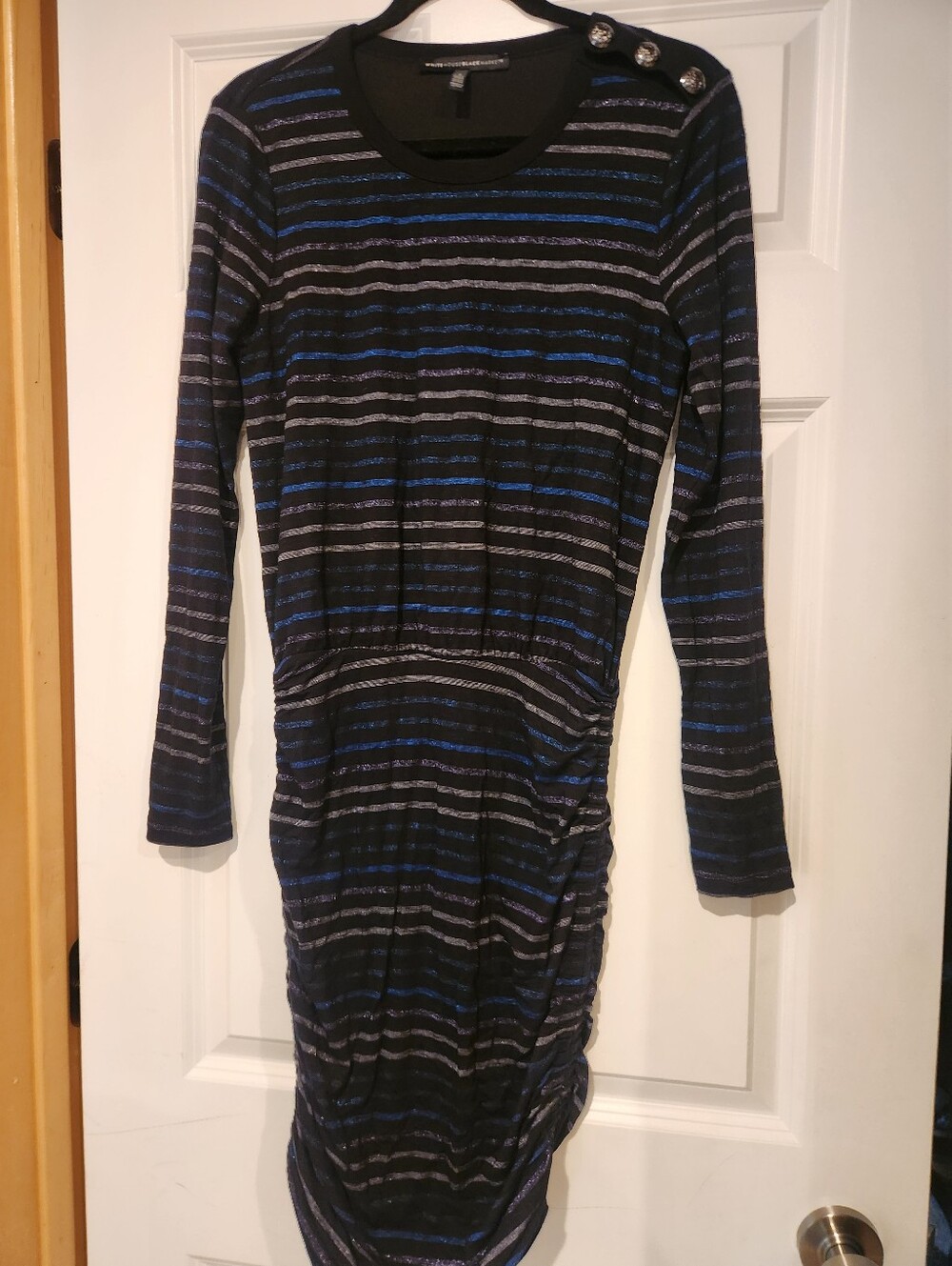White House Black Market Black Striped Long-Sleeve Ruched Dress with Blue & Gray